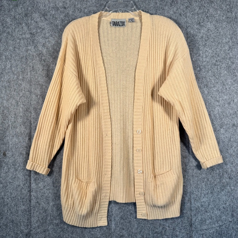 Vtg 90s Womens Long Cardigan Sweater Lambswool Size M Boho Beige Yellow‎ Angora